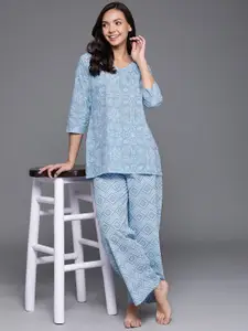 Libas Women Blue Printed Cotton Night Suit