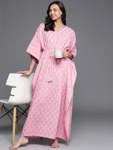 Libas Pink Printed Cotton Maxi Kaftan Nightdress