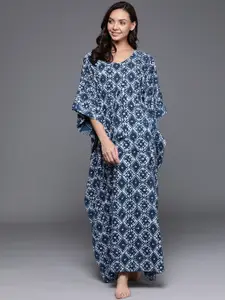 Libas Blue Printed Cotton Maxi Kaftan Nightdress