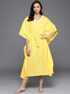 Libas Yellow Printed Cotton Maxi Kaftan Nightdress
