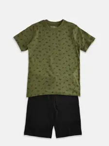Pantaloons Junior Boys Olive Green & Black Printed T-shirt with Shorts