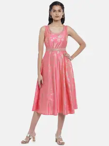 AKKRITI BY PANTALOONS Pink Ethnic Motifs Sequined Crepe Belted Ethnic Midi Dress