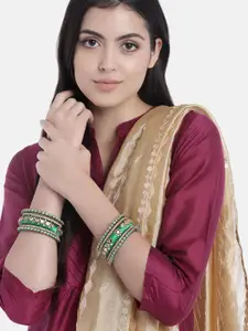 Peora Set Of 10 Green Gold-Plated Stone Studded Silk Thread Bangles