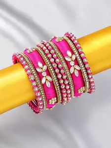 Peora  Set Of 10 Pink Gold-Plated Stone Studded Silk Thread Bangles