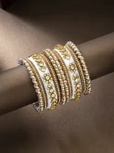 Peora Set Of 10 White Gold-Plated Stone Studded Silk Thread Bangles