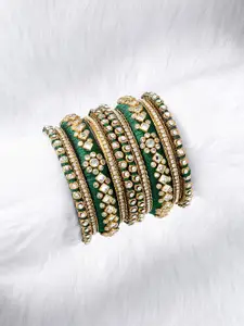 Peora Set Of 10 Green Gold-Plated Stone Studded Silk Thread Bangles