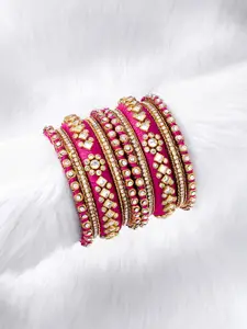 Peora Set Of 10 Pink Gold-Plated Stone Studded Silk Thread Bangles