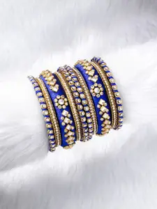 Peora Set Of 10 Blue Gold-Plated Stone Studded Silk Thread Bangles