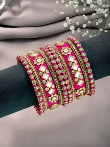 Peora Set Of 10 Pink Gold-Plated Stone Studded Silk Thread Bangles