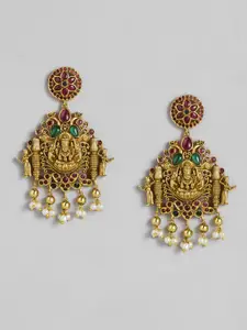 Peora Pink Gold-Plated Stone Studded & Beaded Laxmi Classic Drop Earrings