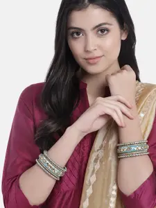 Peora Set Of 10 Blue Gold-Plated Stone Studded Silk Thread Bangles