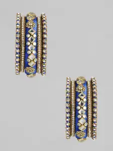 Peora Set Of 10 Blue Gold-Plated Stone Studded Silk Thread Bangles