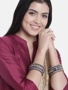 Peora Set Of 10 Blue Gold-Plated Stone Studded Silk Thread Bangles