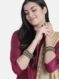 Peora Set Of 10 Green Gold-Plated Stone Studded Silk Thread Bangles