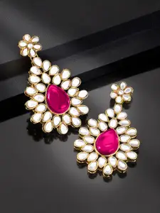 Peora Pink Gold-Plated Kundan Studded Jadau Classic Drop Earrings