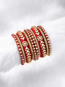 Peora Set Of 10 Red Gold-Plated Stone Studded Silk Thread Bangle