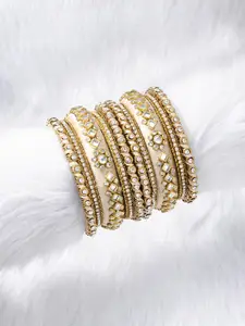 Peora Set Of 10 Cream Coloured Gold-Plated Stone Studded Silk Thread Bangle Set