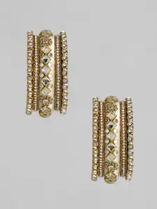 Peora Set Of 10 Cream Coloured Gold-Plated Stone Studded Silk Thread Bangle Set
