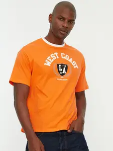 Trendyol Men Orange & White Printed Pure Cotton T-shirt