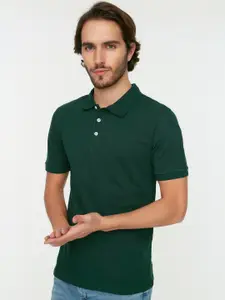 Trendyol Men Green Solid Polo Collar Pure Cotton T-shirt