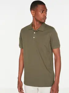 Trendyol Men Olive Green Solid Polo Collar Pure Cotton T-shirt