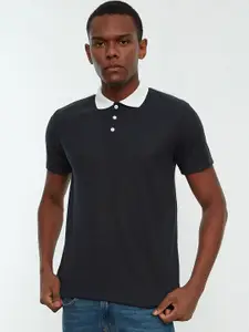Trendyol Men Navy Blue Solid Polo Collar T-shirt