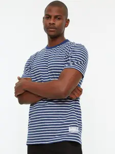 Trendyol Men Navy Blue & White Striped Pure Cotton T-shirt