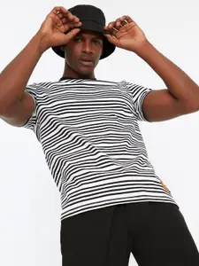 Trendyol Men Black & White Striped Pure Cotton T-shirt