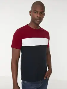 Trendyol Men Navy Blue & Red Pure Cotton Colourblocked T-shirt
