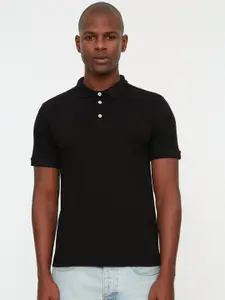 Trendyol Men Black Solid Pure Cotton Polo Collar T-shirt