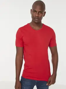 Trendyol Men Red V-Neck Pure Cotton Slim Fit T-shirt