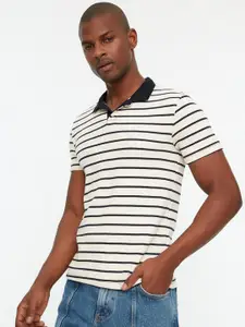 Trendyol Men Off White & Navy Blue Striped Slim Fit Polo Collar T-shirt