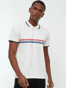 Trendyol Men White Striped Polo Collar Pure Cotton T-shirt