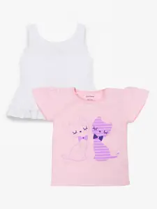 My Milestones Girls Pack of 2 Pink & White Printed Puff Sleeves T-shirts