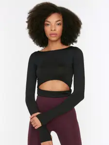 Trendyol Black Solid Crop Top with Cut Out Detail