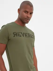 Trendyol Men Olive Green Printed Pure Cotton T-shirt