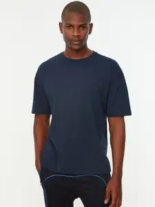 Trendyol Men Navy Blue Printed Pure Cotton T-shirt