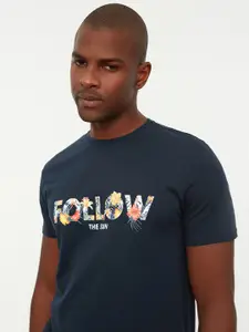 Trendyol Men Navy Blue Typography Printed Pure Cotton T-shirt