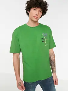 Trendyol Men Green Printed Pure Cotton T-shirt
