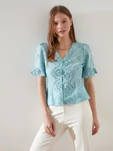 Trendyol Women Blue Solid  Schiflli Shirt Style Top