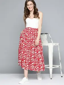 Mast & Harbour Red & White Floral Printed Front Button Midi Pleated Skirts