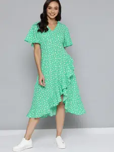Mast & Harbour Green & White Abstract Print A-Line Midi Dress