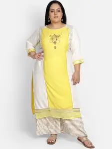 Bani Women Bani Plus Size Yellow & White Thread Work Liva Kurta