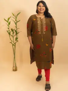 Bani Women Bani Plus Size Brown Floral Embroidered Flared Sleeves Kurta