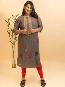 Bani Women Plus Size Grey Floral Embroidered Liva Kurta