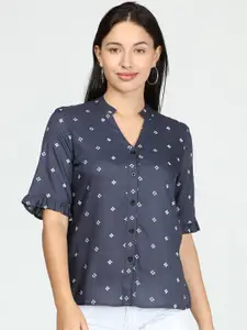 IDK Blue Print Mandarin Collar Shirt Style Top
