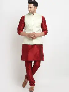 Kaifoo Beige Layered Kurta with Churidar & Nehru Jacket