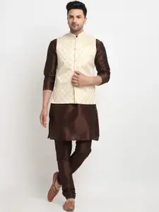 Kaifoo Men Brown Solid Kurta With Churidar & Nehru Jacket