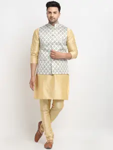 Kaifoo Men Gold-Toned Solid Kurta With Churidar & Nehru Jacket