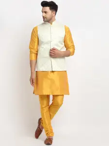 Kaifoo Men Beige Kurta with Churidar & Nehru Jacket